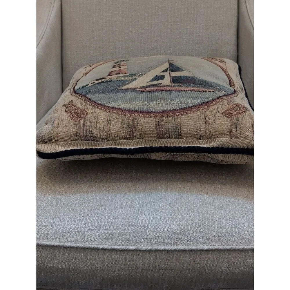 Nautical Tapestry Accent Pillow Vintage Lighthouse Sailboat Decor